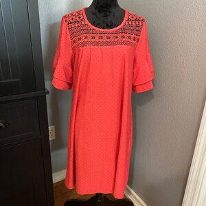 Spense Crochet Yoke Dress Womens XL Guava Ruffle Sleeve Casual Boho